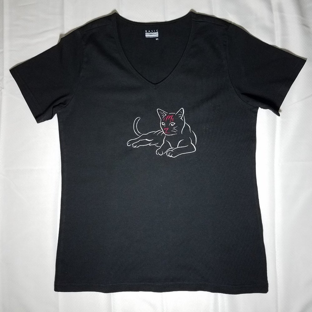 Black V-neck short sleeve women's cotton t-shirt small "upcycled" cat embroidery